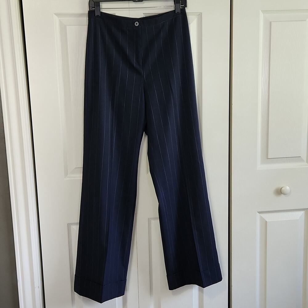 Vintage Allen B Schwartz Blue &‎ White Striped Wide Leg Cuffed Hem Trousers 30